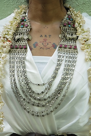 Two-Tone Finish Silver Diamond Chain Kuchi Necklace by creyonsbymansi