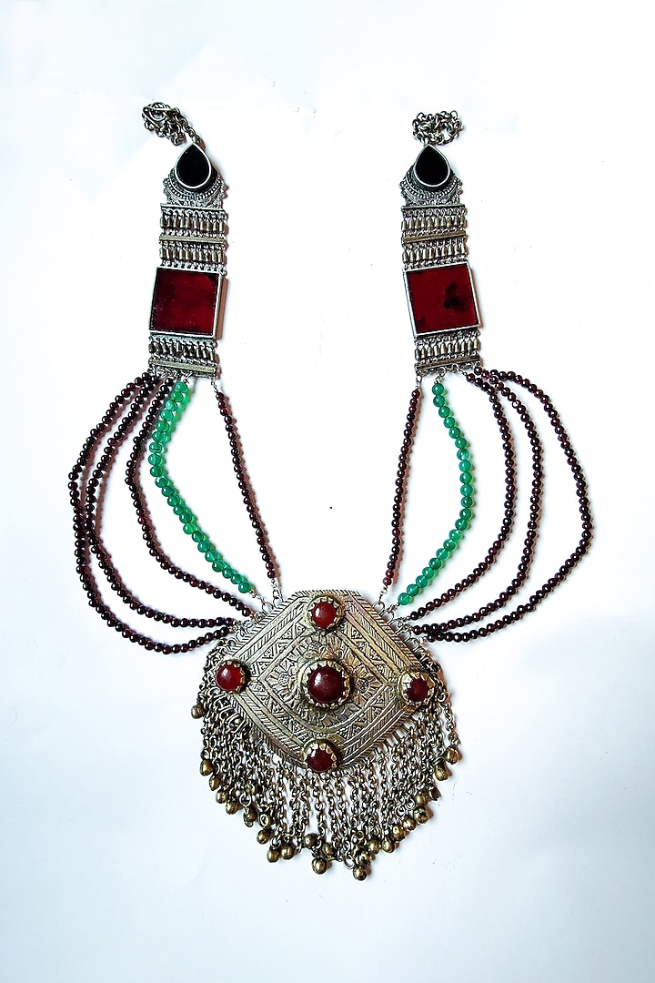Two-Tone Finish Green Onyx & Glasswork Embellished Kuchi Pendant Necklace by creyonsbymansi at Pernia's Pop Up Shop