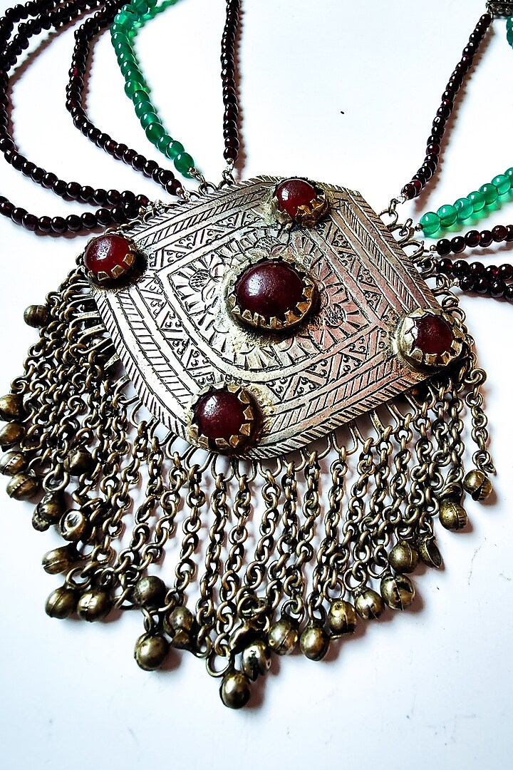 Two-Tone Finish Green Onyx & Glasswork Embellished Kuchi Pendant Necklace by creyonsbymansi at Pernia's Pop Up Shop