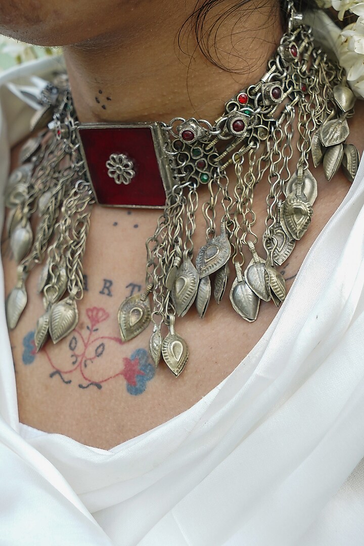 Two-Tone Finish Tassel & Glass Embellishments Kuchi Choker Necklace by creyonsbymansi at Pernia's Pop Up Shop
