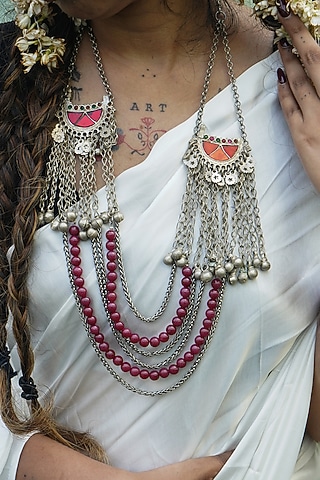 Two-Tone Finish Glass Work & Semi-Precious Jade Stone Layered Necklace by creyonsbymansi