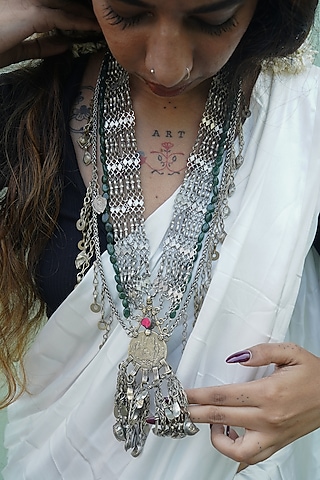 Two-Tone Finish Old Coins & Semi-Precious Stones Layered Necklace by creyonsbymansi