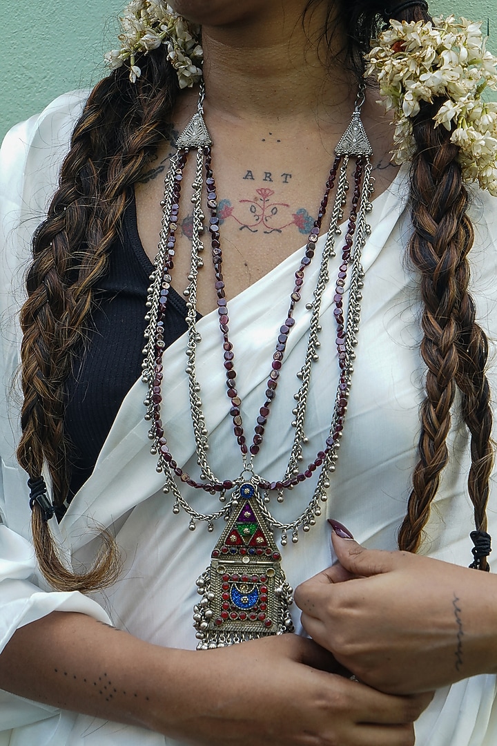 Two-Tone Finish Semi-Precious Stone & Ghunghroo Balls Embellished Kuchi Layered Necklace by creyonsbymansi at Pernia's Pop Up Shop