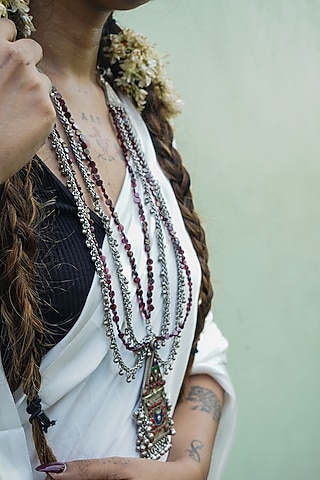 Two-Tone Finish Semi-Precious Stone & Ghunghroo Balls Embellished Kuchi Layered Necklace by creyonsbymansi