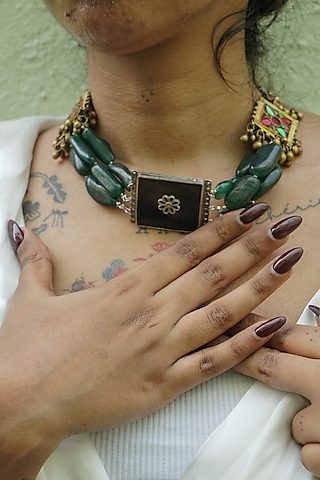 Two-Tone Finish Semi-Precious Stone & Green Aventurine Kuchi Choker Necklace by creyonsbymansi