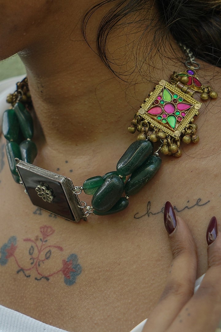 Two-Tone Finish Semi-Precious Stone & Green Aventurine Kuchi Choker Necklace by creyonsbymansi at Pernia's Pop Up Shop