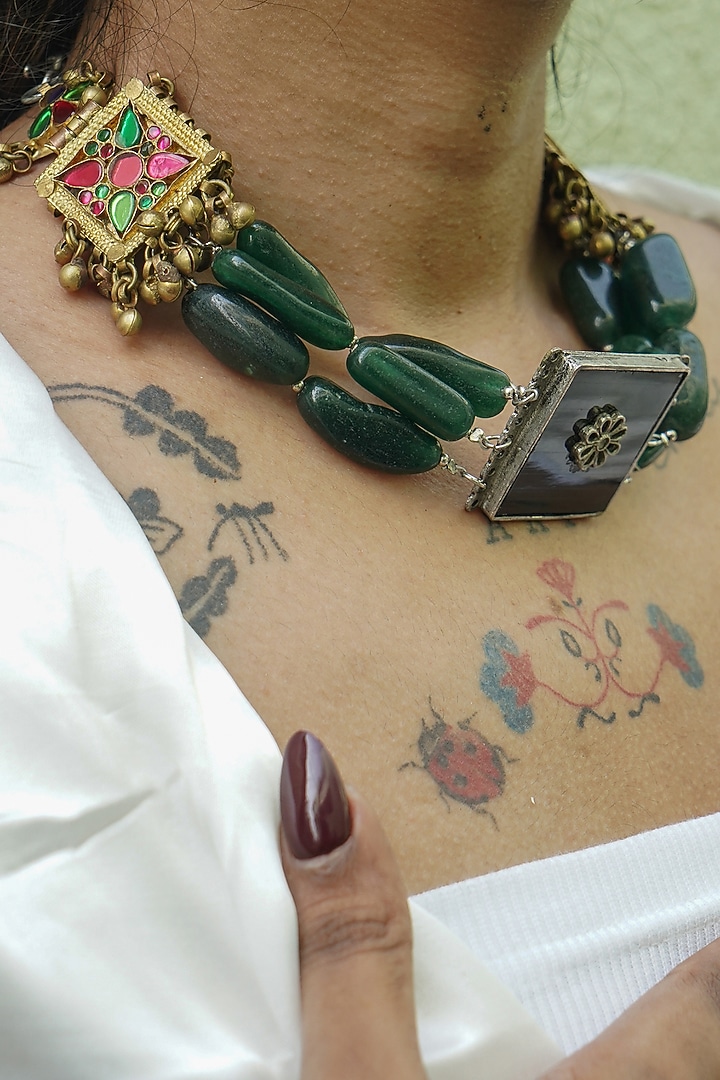Two-Tone Finish Semi-Precious Stone & Green Aventurine Kuchi Choker Necklace by creyonsbymansi at Pernia's Pop Up Shop