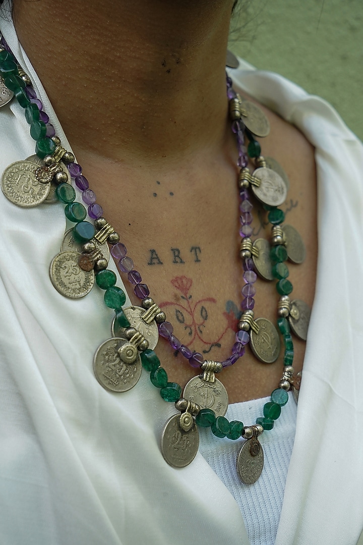 Two-Tone Finish Semi-Precious Stone & Old Afghani Coins Kuchi Choker Necklace by creyonsbymansi at Pernia's Pop Up Shop