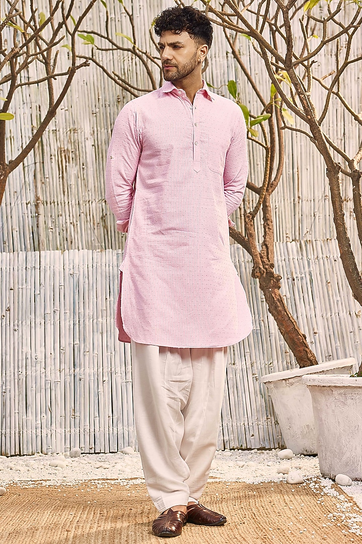 Pastel Pink Dobby Cotton & Cotton Satin Textured Kurta Set by Charkhee Men at Pernia's Pop Up Shop
