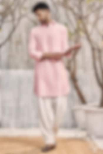 Pastel Pink Chanderi Pathani Kurta Set by Charkhee Men at Pernia's Pop Up Shop