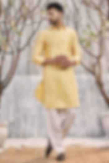 Yellow Chanderi Pathani Kurta Set by Charkhee Men