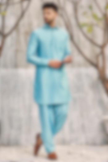 Tropical Blue Chanderi Pathani Kurta Set by Charkhee Men