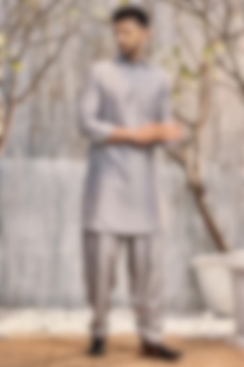 Steel Grey Chanderi Pathani Kurta Set by Charkhee Men at Pernia's Pop Up Shop