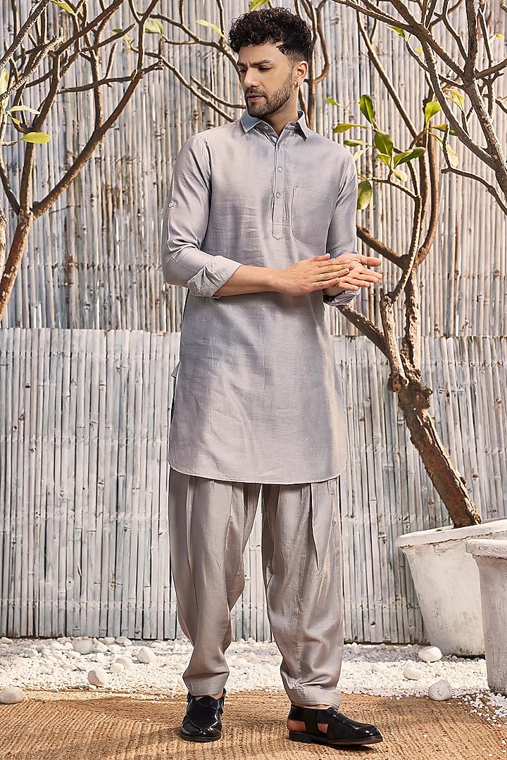 Steel Grey Chanderi Pathani Kurta Set by Charkhee Men