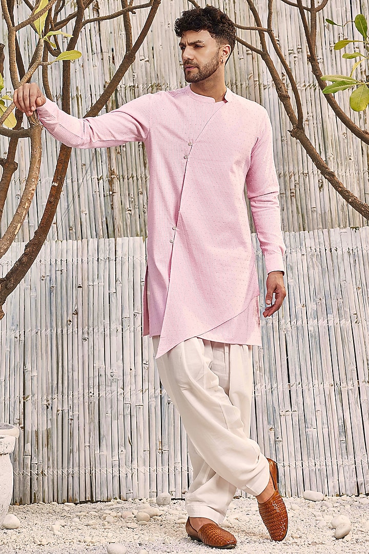 Pastel Pink Dobby Cotton Diagonal Kurta Set by Charkhee Men at Pernia's Pop Up Shop