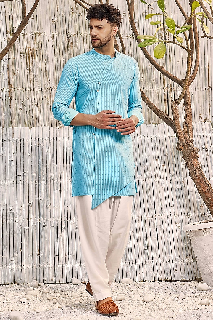 Tropical Blue Dobby Cotton Diagonal Kurta Set by Charkhee Men at Pernia's Pop Up Shop