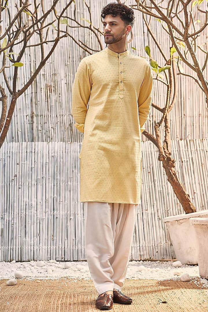 Pastel Yellow Dobby Cotton Kurta Set by Charkhee Men