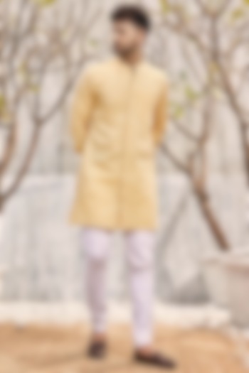 Pastel Yellow Dobby Cotton Textured Kurta Set by Charkhee Men