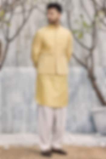 Pastel Yellow Dobby Cotton Bundi Jacket by Charkhee Men