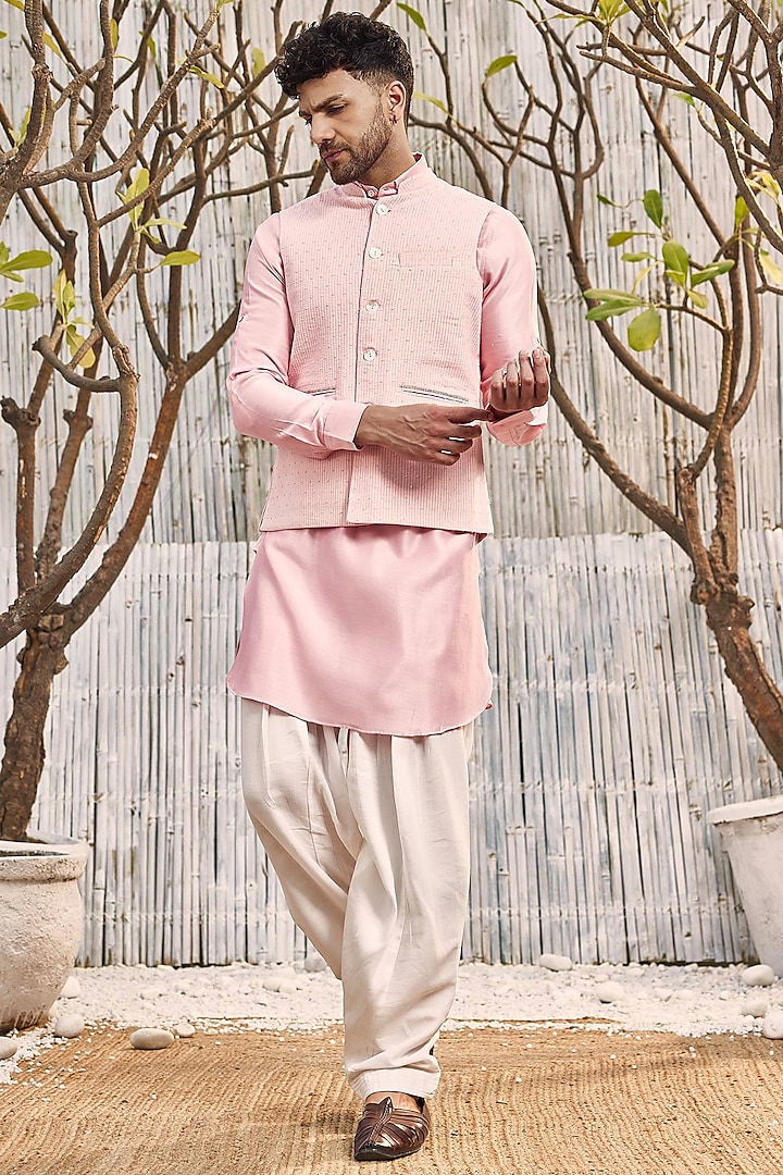 Pastel Pink Dobby Cotton Bundi Jacket by Charkhee Men