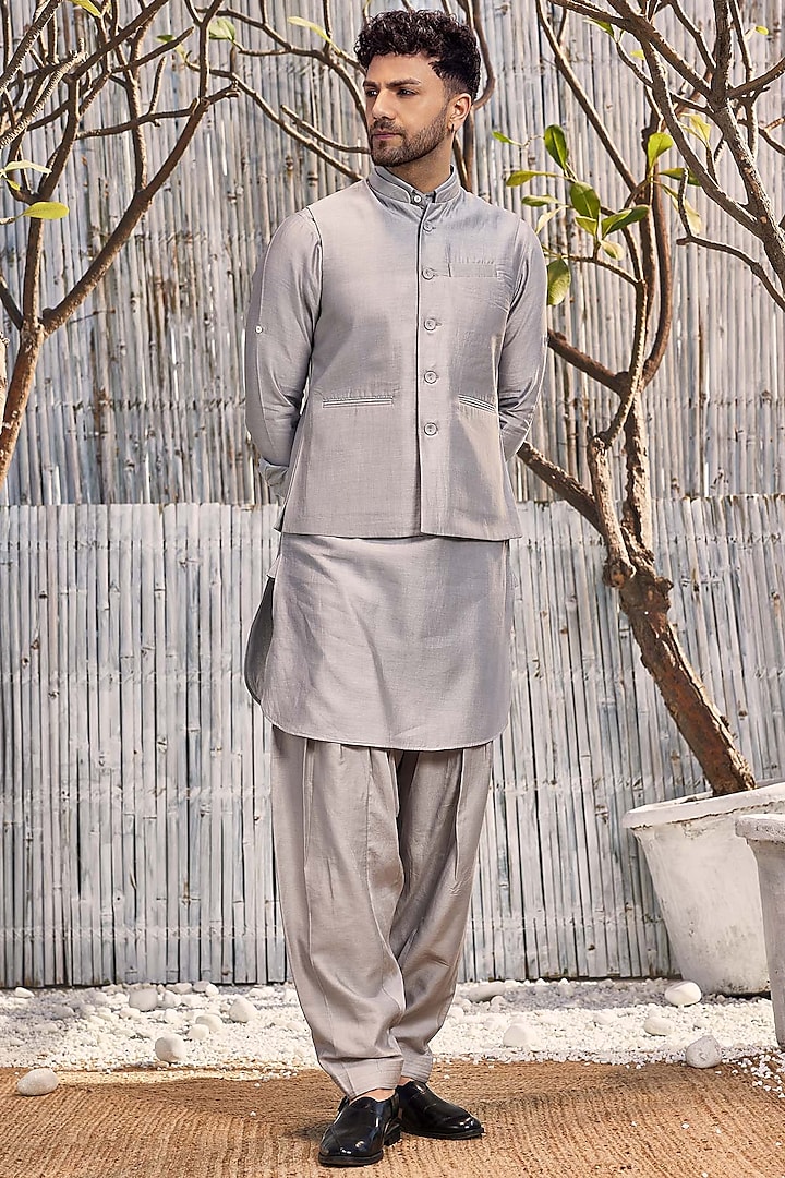 Steel Grey Chanderi Dobby Cotton Bundi Jacket by Charkhee Men