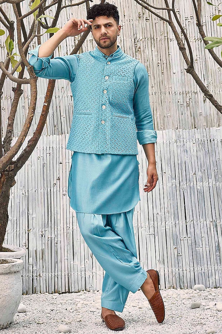 Tropical Blue Schiffli Bundi Jacket by Charkhee Men