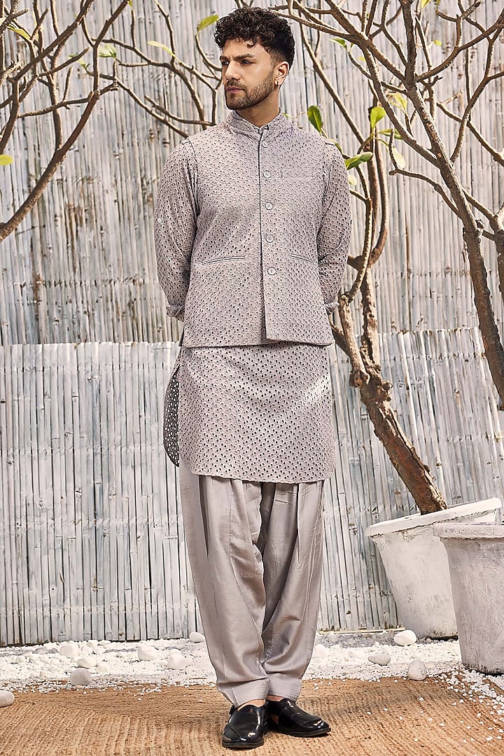 Steel Grey Schiffli Bundi Jacket With Kurta Set by Charkhee Men