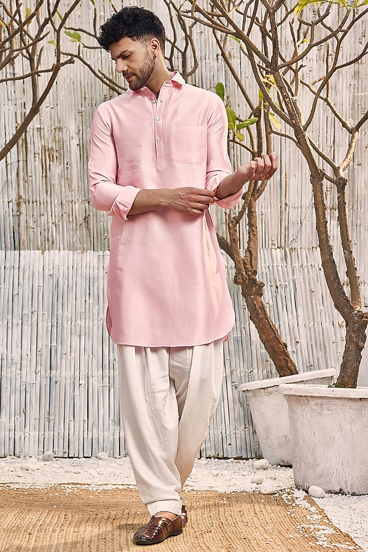 Pastel Pink Dobby Cotton Bundi Jacket With Kurta Set by Charkhee Men