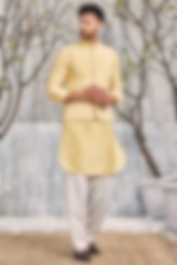 Pastel Yellow Dobby Cotton Bundi Jacket With Kurta Set by Charkhee Men