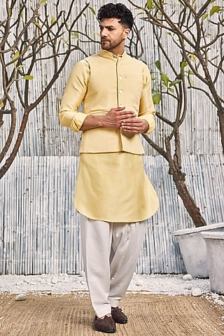 Pastel Yellow Dobby Cotton Bundi Jacket With Kurta Set by Charkhee Men