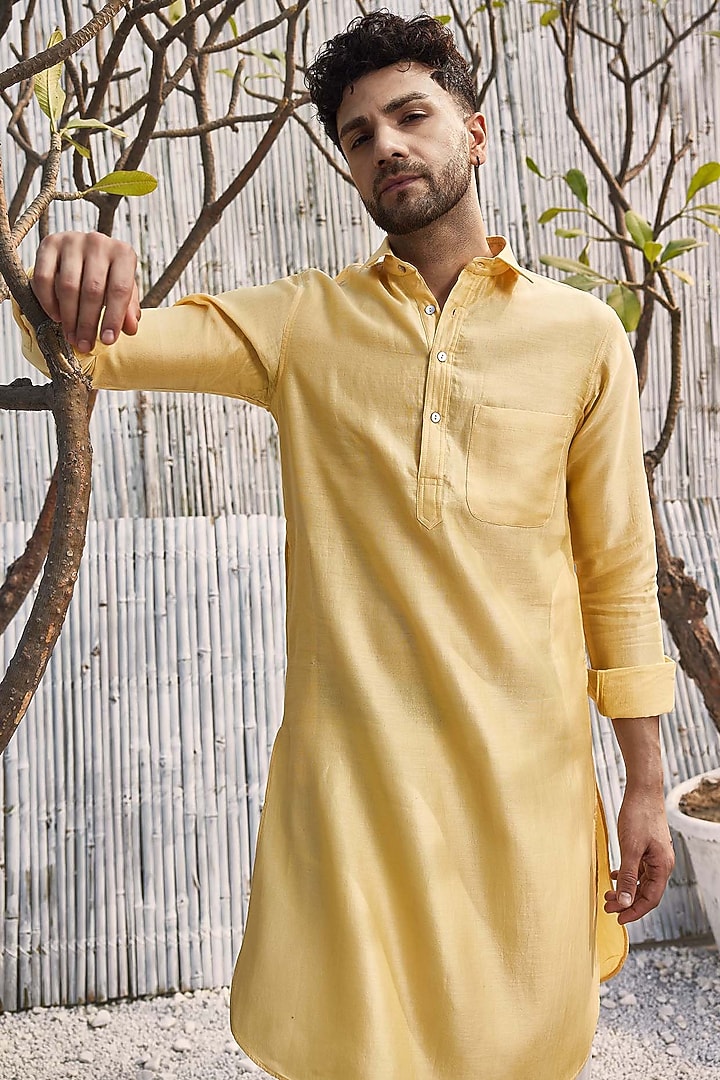Pastel Yellow Dobby Cotton Bundi Jacket With Kurta Set by Charkhee Men at Pernia's Pop Up Shop