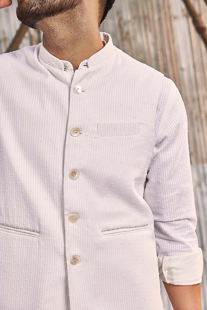 Off-White Dobby Cotton Bundi Jacket With Kurta Set by Charkhee Men at Pernia's Pop Up Shop