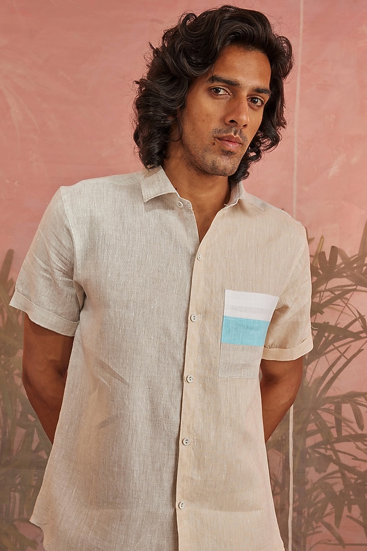 Beige Linen Party Wear Shirt by Charkhee Men at Pernia's Pop Up Shop