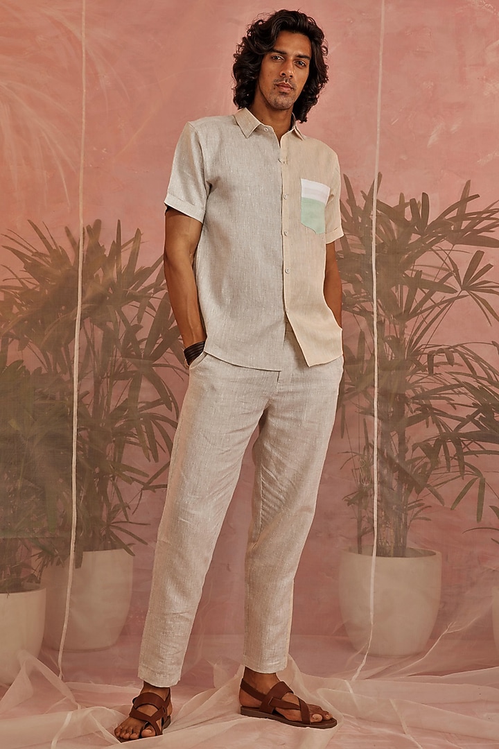Beige Linen Party Wear Shirt by Charkhee Men at Pernia's Pop Up Shop