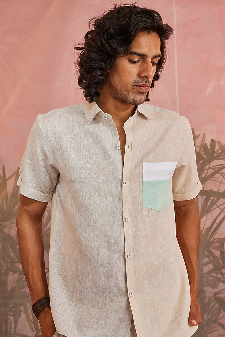 Beige Linen Party Wear Shirt by Charkhee Men at Pernia's Pop Up Shop