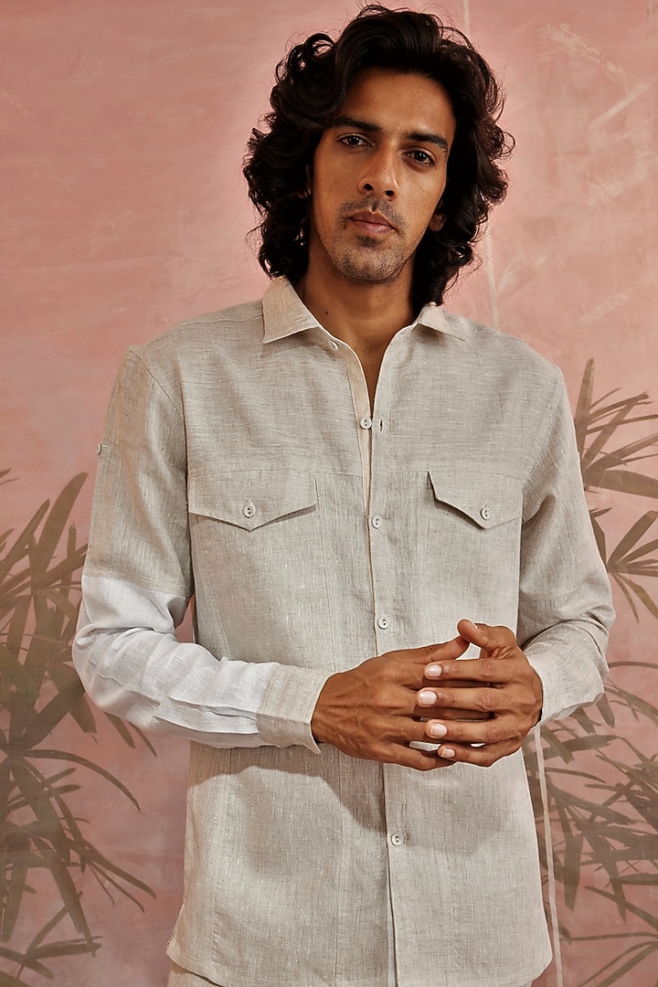Beige Party Wear Shirt In Linen by Charkhee Men at Pernia's Pop Up Shop