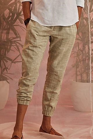 Olive Green Textured Cotton Joggers by Charkhee Men