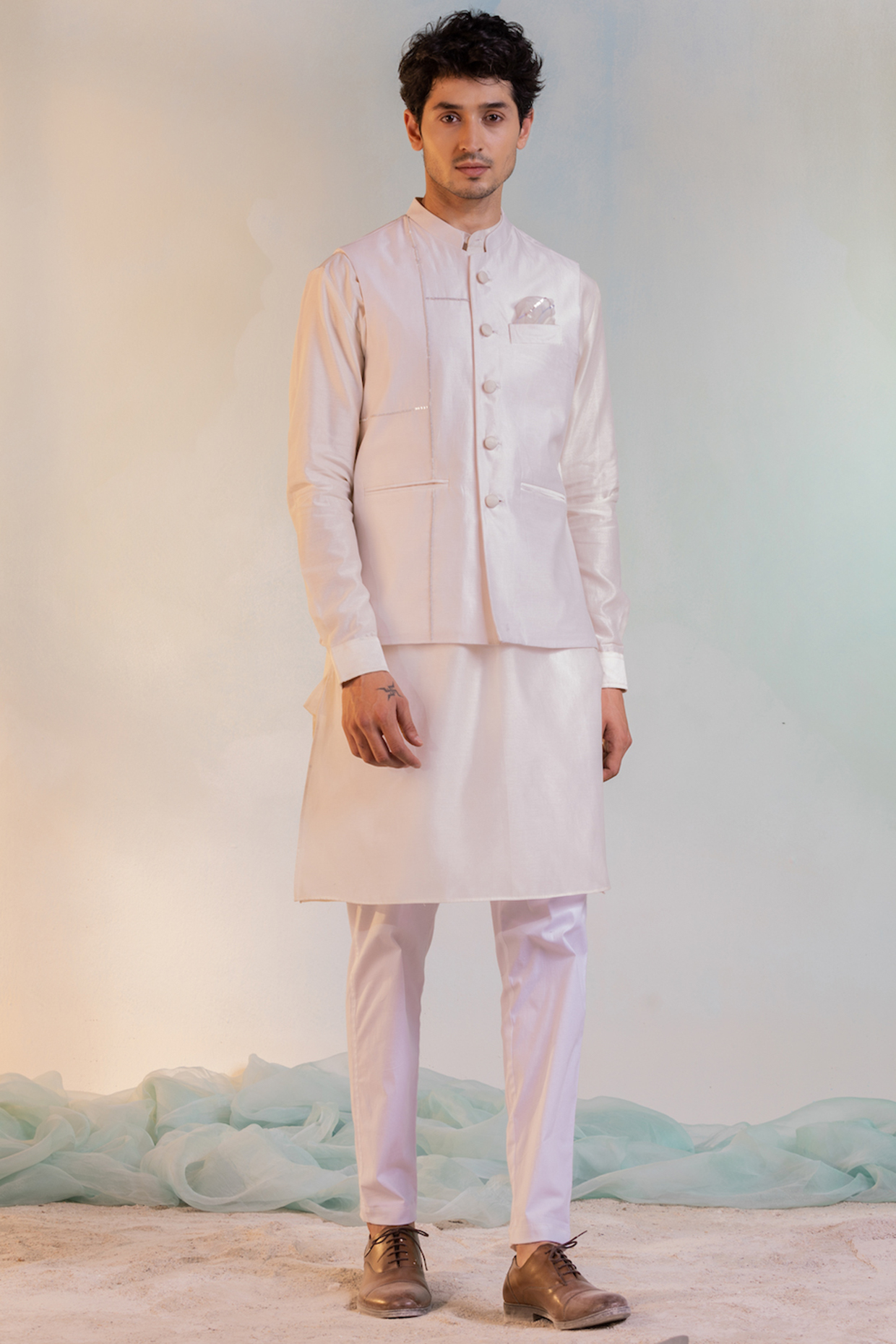 Pearl White Chanderi Kurta Set by Charkhee Men