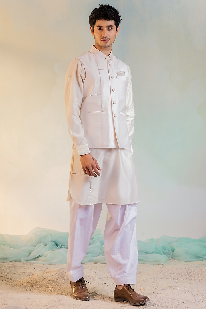 Pearl White Embroidered Nehru Jacket by Charkhee Men