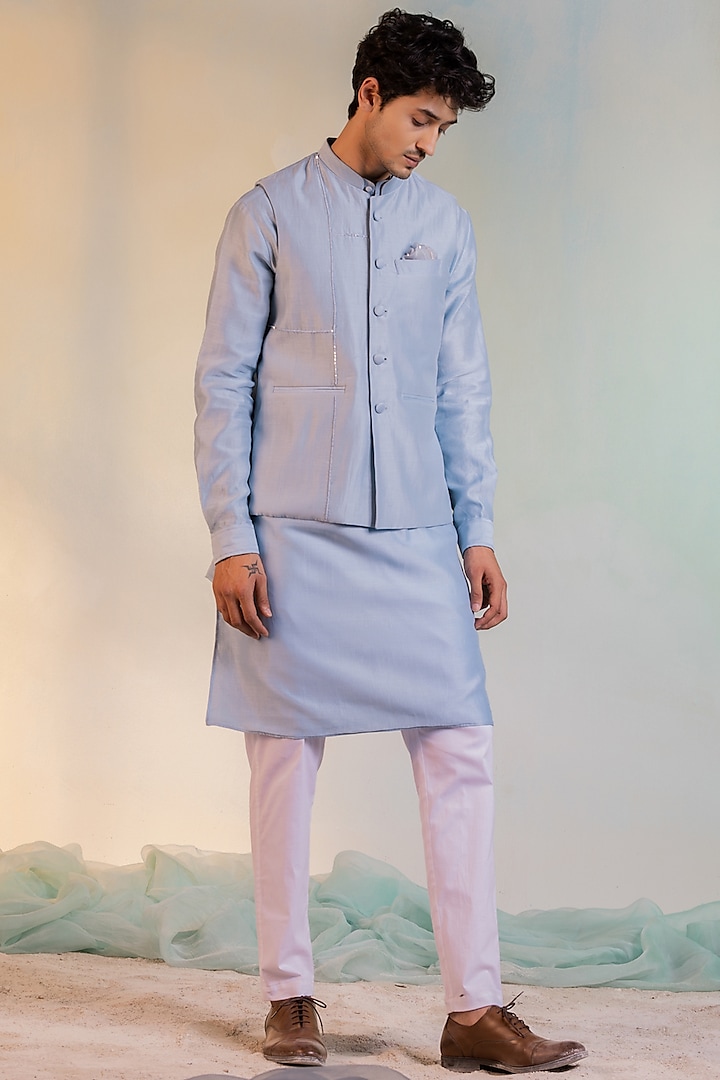 Cool Blue Embroidered Nehru Jacket With Kurta Set by Charkhee Men