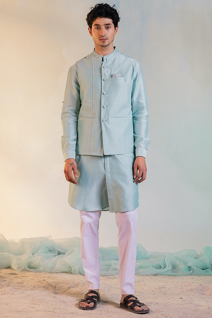 Aqua Blue Embroidered Nehru Jacket With Kurta Set by Charkhee Men