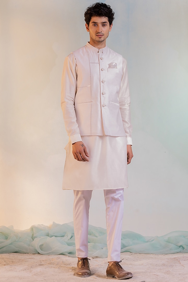Pearl White Embroidered Nehru Jacket With Kurta Set by Charkhee Men