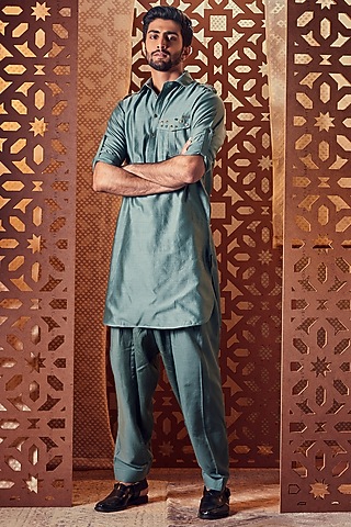Sage Green Embroidery Kurta Set by Charkhee Men