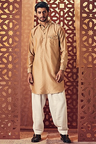 Beige Chanderi Embroidered Kurta Set by Charkhee Men