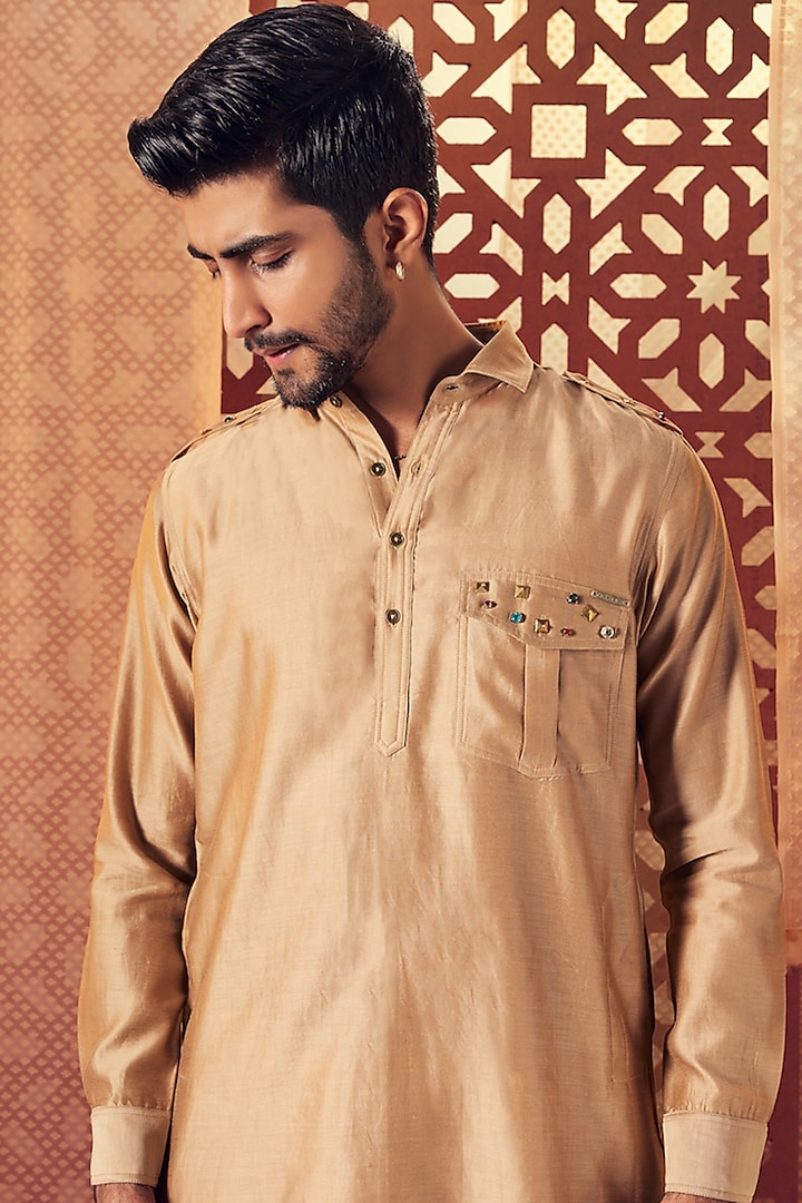 Beige Chanderi Embroidered Kurta Set by Charkhee Men at Pernia's Pop Up Shop