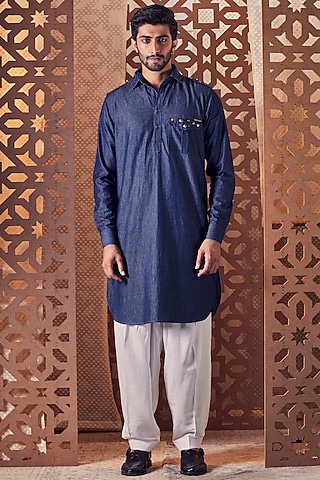 Navy Blue Denim Embroidery Kurta Set by Charkhee Men