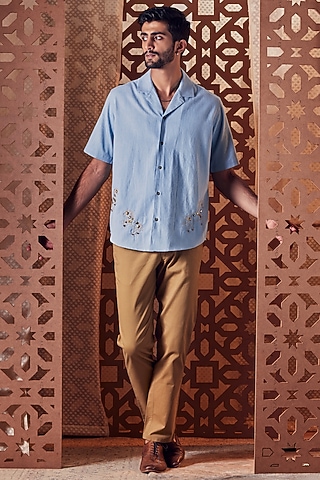 Light Blue Embroidered Shirt by Charkhee Men