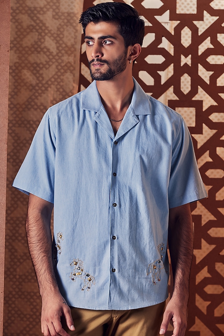 Light Blue Embroidered Party Wear Shirt by Charkhee Men at Pernia's Pop Up Shop