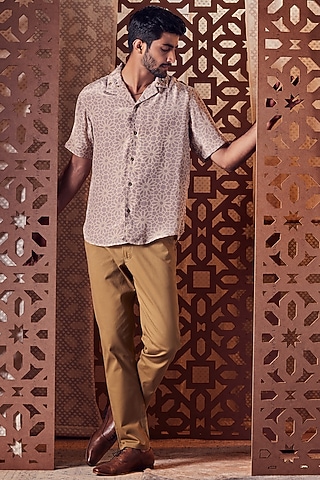 Beige Crepe Printed Shirt by Charkhee Men