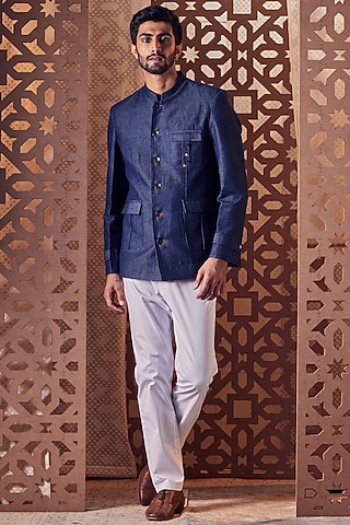 Navy Blue Denim Bandhgala Jacket by Charkhee Men
